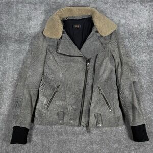 ASOS Leather Jacket Women's 4 Gray Double Zipper Moto Faux Fur‎ Collar